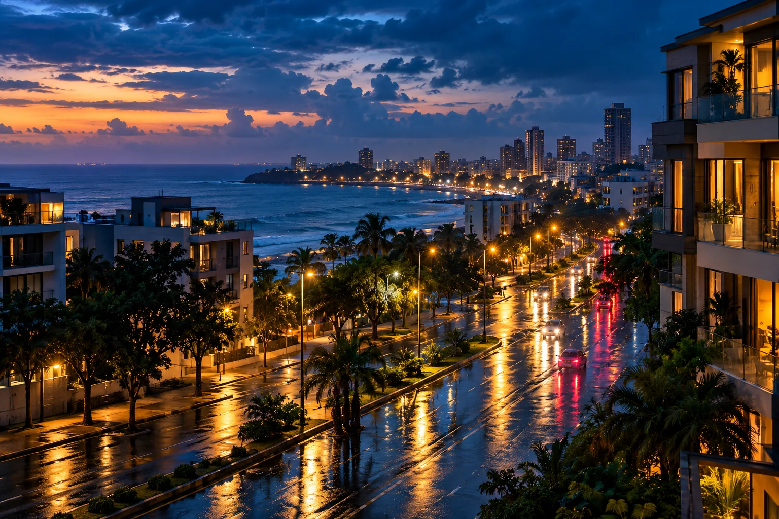 Illustration éditoriale d’une rue de Dakar au crépuscule après la pluie