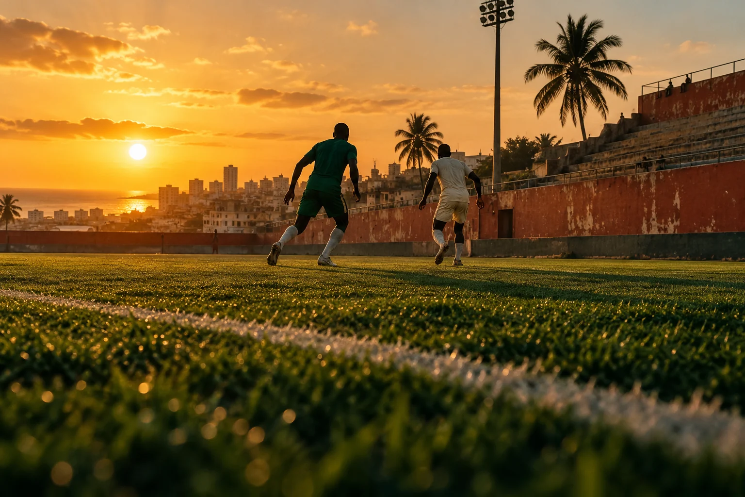 Illustration éditoriale d’un terrain de football à Dakar au coucher du soleil